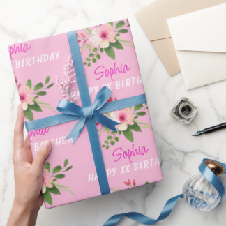 Papier Cadeau Any Birthday, Name, Pink Watercolor Flower