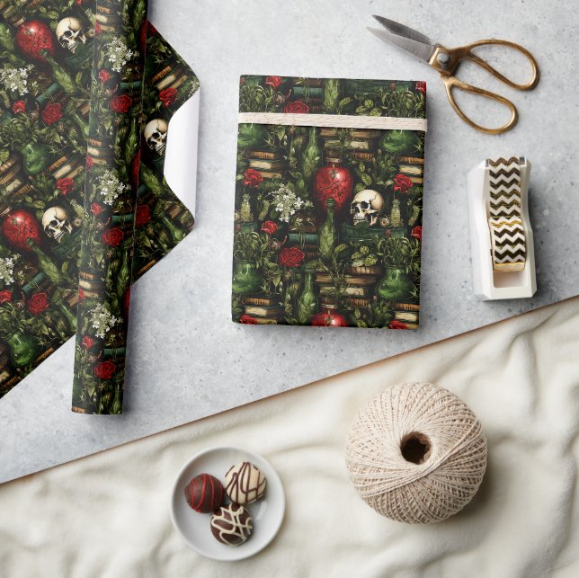 Papier Cadeau Apothecaire gothique foncé rouge et vert sorcière (Artisanat)
