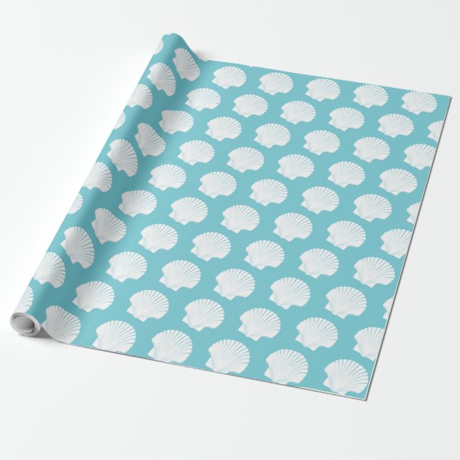 Papier Cadeau Aqua Bleu et Blanc Coques de la mer (Déroulé)