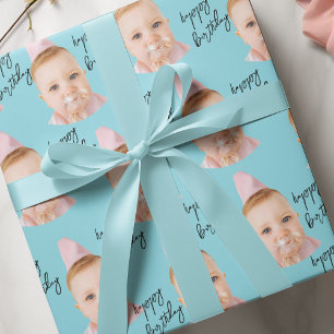 Papier Cadeau Aqua Blue bébé visage anniversaire   Photo personn