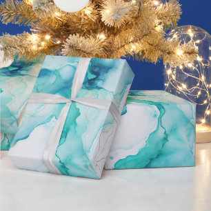 Papier Cadeau Aqua Blue Mint Gold Marbre blanc