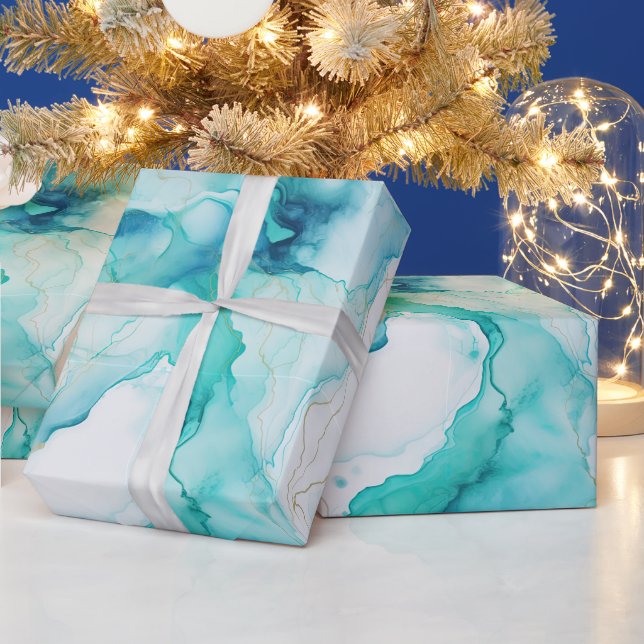 Papier Cadeau Aqua Blue Mint Gold Marbre blanc (Vacances)
