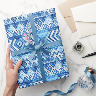 Papier Cadeau Aqua Blue White Tribal Stripes Anniversaire