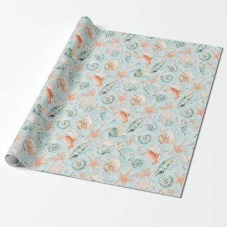 Papier Cadeau Aqua Coquillage Étoile de Mer Aquarelle Cadeau Côt