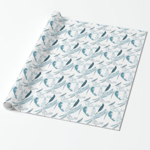 Papier Cadeau Aqua et plumes blanches
