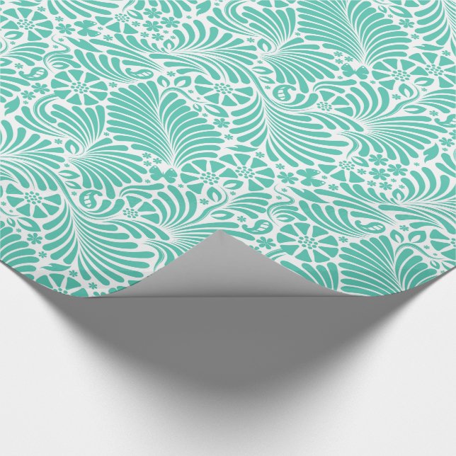 Papier Cadeau Aqua Floral Tropical Moderne Damassé (Coin)