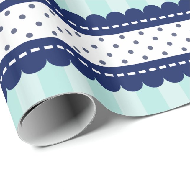 Papier Cadeau Aqua Navy Bleu Stripes Et Motif Pois (Coin rond)