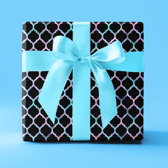Papier Cadeau Aqua Pink Iridescente Foil et Quatrefoil noir (Aqua Pink Iridescent Foil and Black Quatrefoil Wrapping Paper)