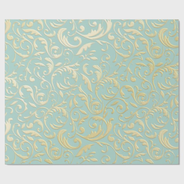 Papier Cadeau Aqua & Teal Xmas Wrapping Paper with Gold Accents (Plat)