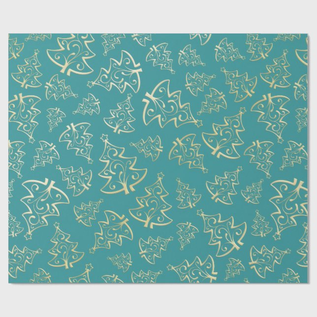 Papier Cadeau  Aqua & Teal Xmas Wrapping Paper with Gold Accents (Plat)