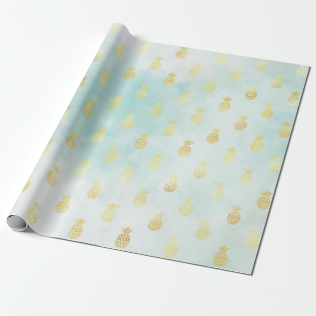 Papier Cadeau Aqua White Gold Tropical Glam Pineapples (Déroulé)