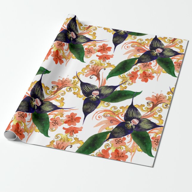 Papier Cadeau Aquarelle à fleurs d'orchidées  (Déroulé)