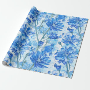 Papier Cadeau Aquarelle Abstraite Fleurs bleues et blanches