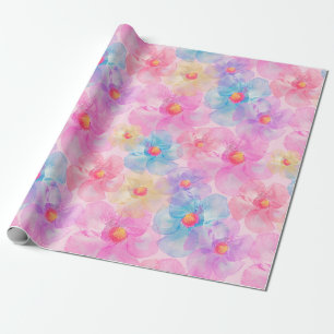 Papier Cadeau Aquarelle abstraite Fleurs roses, bleues