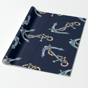 Papier Cadeau Aquarelle Ancres Bleu Nuit