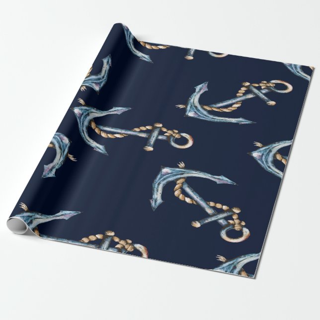 Papier Cadeau Aquarelle Ancres Bleu Nuit (Déroulé)