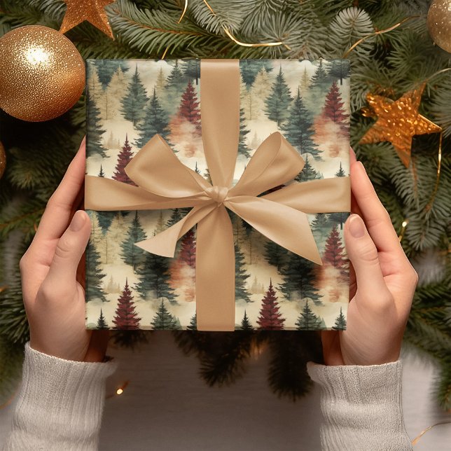 Papier Cadeau Aquarelle Arbre de Noël Arbre de la forêt Pin (Créateur téléchargé)