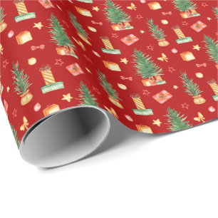 Papier Cadeau Aquarelle Arbres de Noël avec Présents Rouge