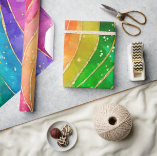 Papier Cadeau Aquarelle Arc-en-ciel et encre alcoolique pailleté