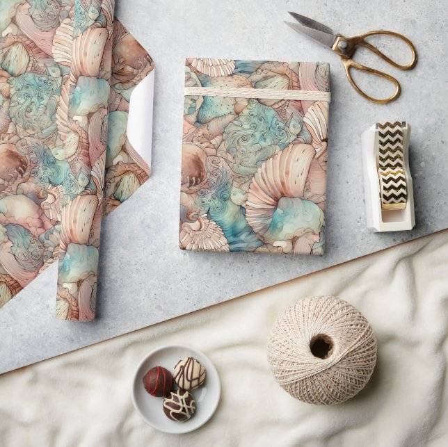 Papier Cadeau Aquarelle Art Nouveau Motif de coquillages (Artisanat)