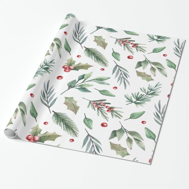 Papier Cadeau Aquarelle Baies de Houx Verdure (Déroulé)