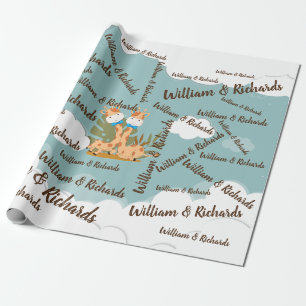 Papier Cadeau Aquarelle bébé Giraffe, Safari jumeaux Anniversair