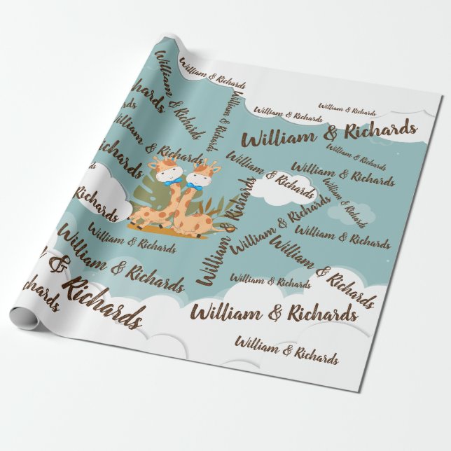 Papier Cadeau Aquarelle bébé Giraffe, Safari jumeaux Anniversair (Déroulé)