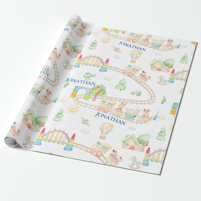 Papier Cadeau Aquarelle Bébé Monogramme jouets et trains (Déroulé)