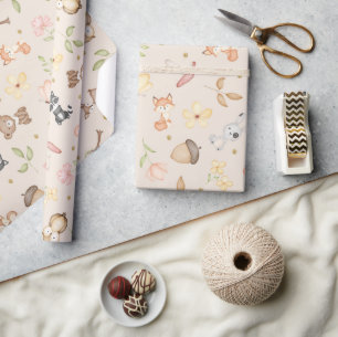 Papier Cadeau Aquarelle beige Bois Animaux