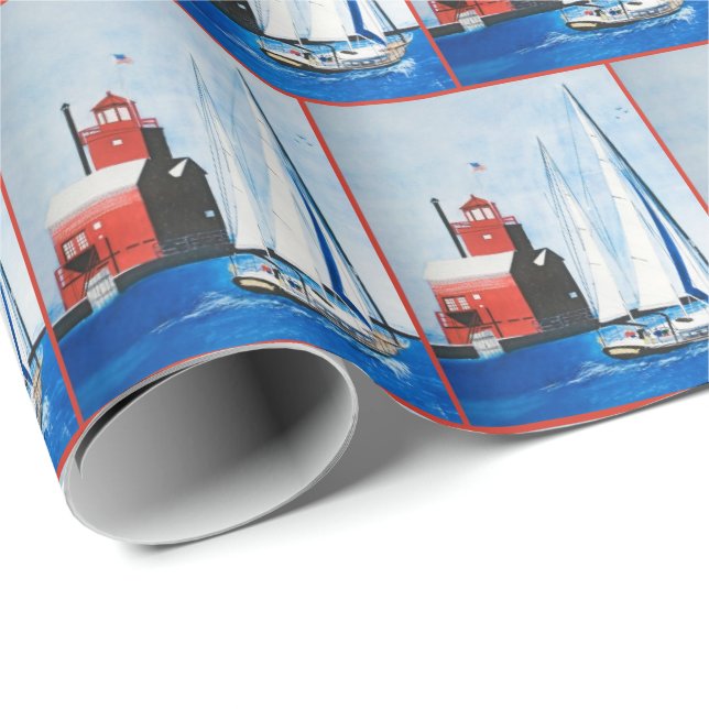 Papier Cadeau Aquarelle Big Red Lighthouse (Coin rond)