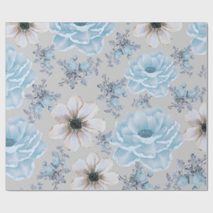 Papier Cadeau Aquarelle bleu argent Floral