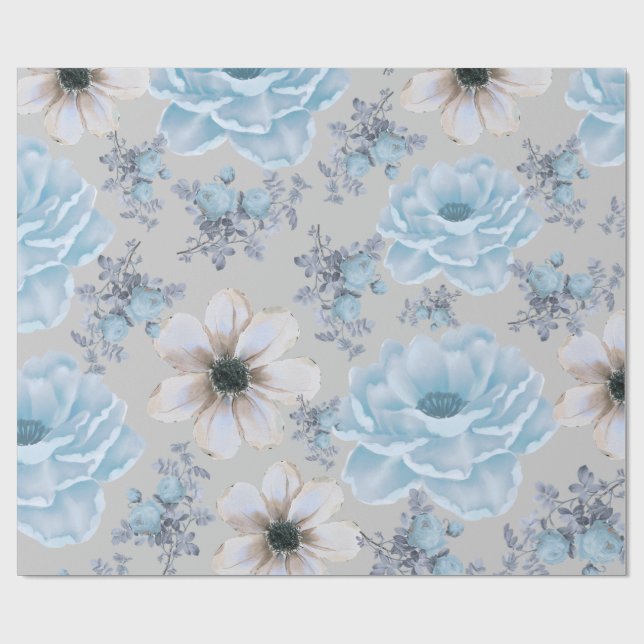 Papier Cadeau Aquarelle bleu argent Floral (Plat)