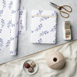 Papier Cadeau Aquarelle Bleu & Blanc Chinoiserie Fleurs
