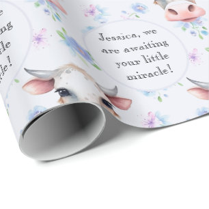 Papier Cadeau Aquarelle bleu clair style Vache ferme texte anima