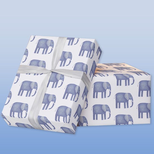 Papier Cadeau Aquarelle bleu éléphant (Blue watercolor elephant wrapping paper roll)