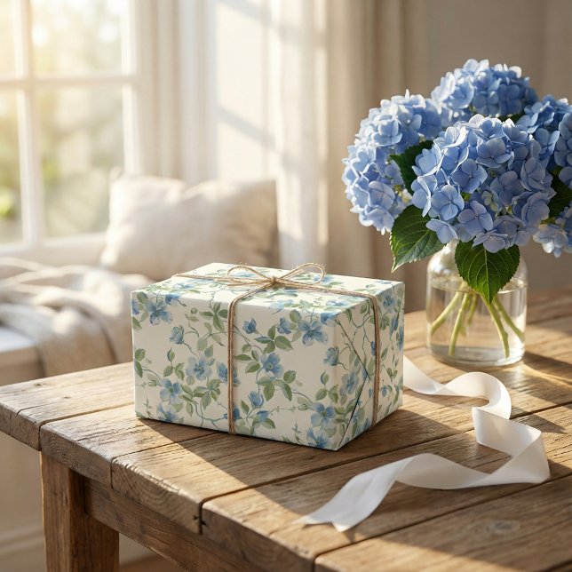 Papier Cadeau Aquarelle bleu et vert Fleurs sur blanc (Créateur téléchargé)
