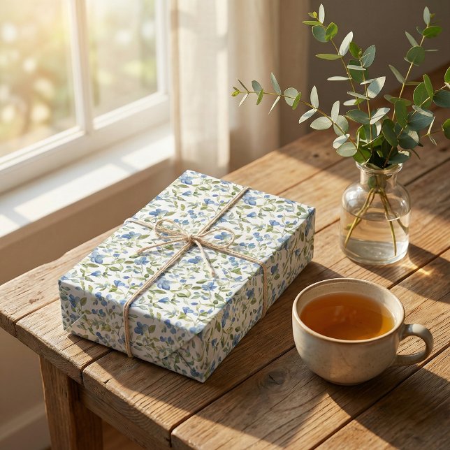 Papier Cadeau Aquarelle bleu et vert Fleurs sur blanc (Créateur téléchargé)