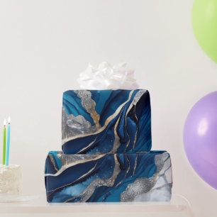 Papier Cadeau Aquarelle bleu profond, encre alcoolique argent et