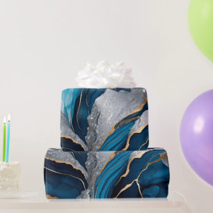 Papier Cadeau Aquarelle bleu profond, encre alcoolique argent et