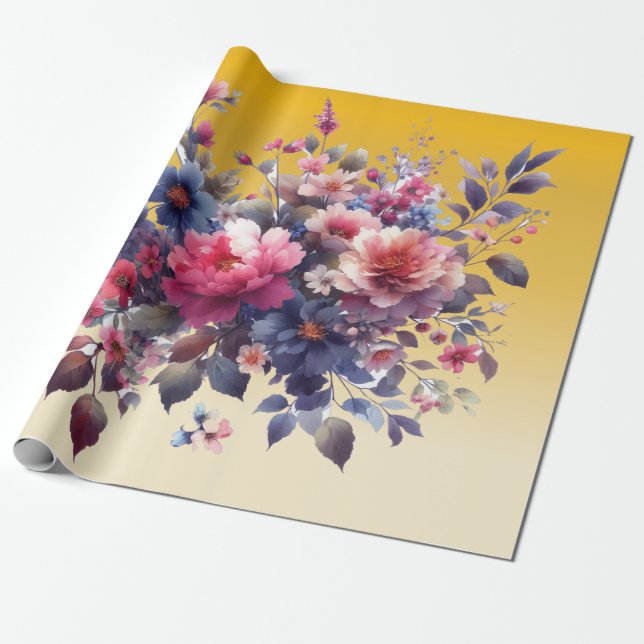 Papier Cadeau Aquarelle bleu rose Fleurs Abstraites Or (Déroulé)