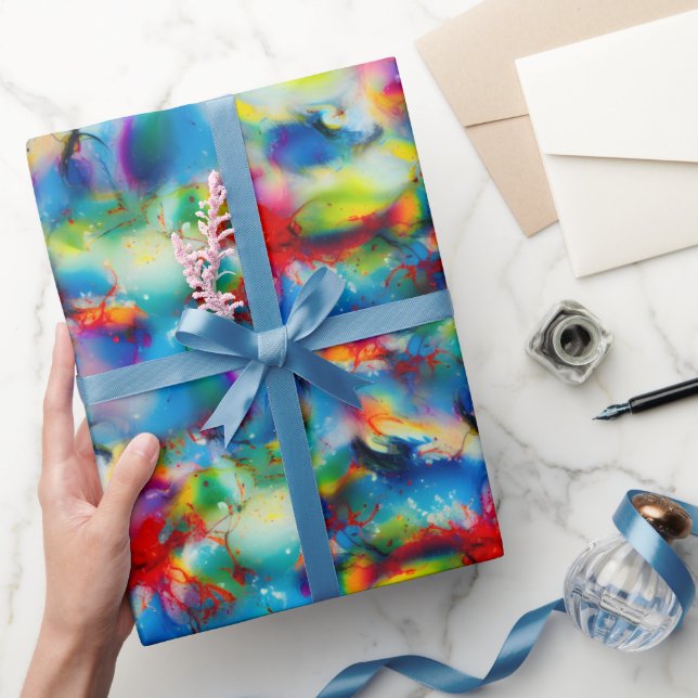 Papier Cadeau Aquarelle bleu rouge jaune vert Abstraction (Cadeaux)