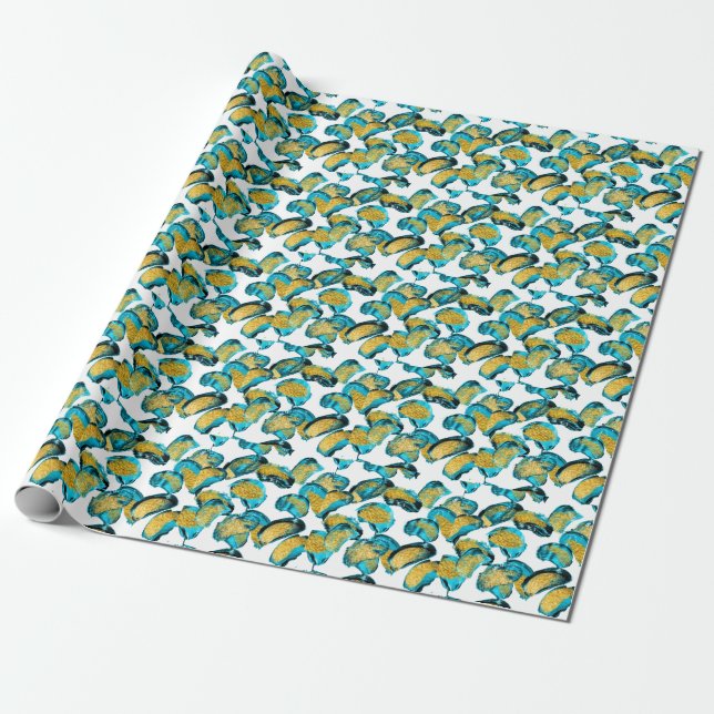 Papier Cadeau Aquarelle bleu, turquoise, or art. (Déroulé)
