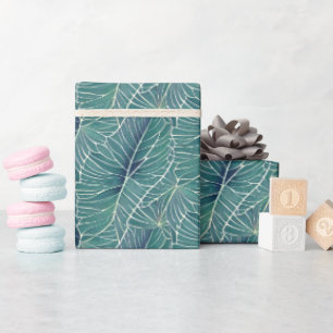 Papier Cadeau Aquarelle Bleu Vert Turquoise Tropical Feuille Mot