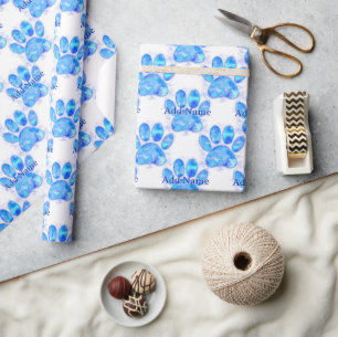 Papier Cadeau Aquarelle bleue Chien Empreinte de patte Nom perso