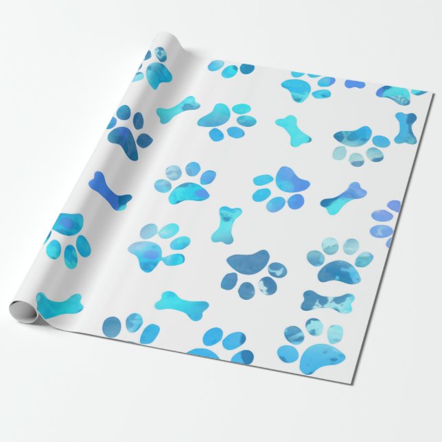 Papier Cadeau Aquarelle bleue Empreintes de pattes Anniversaire (Déroulé)
