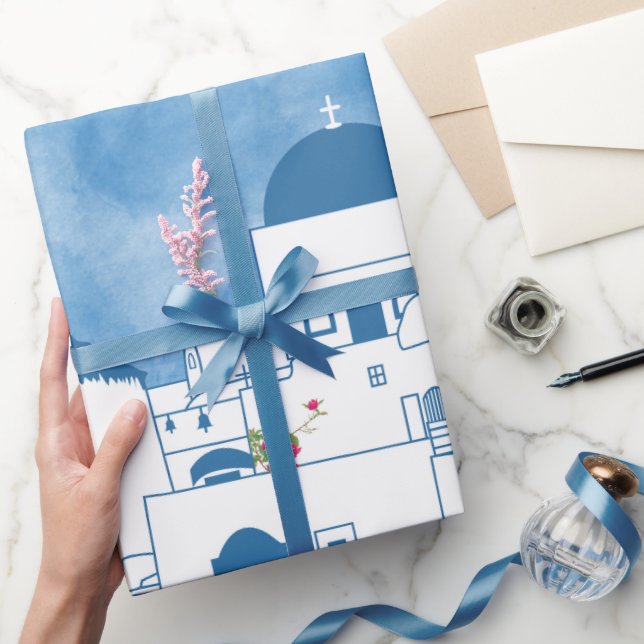 Papier Cadeau Aquarelle bleue et blanche Santorin Grèce (Cadeaux)