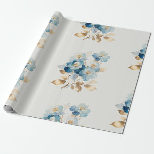 Papier Cadeau Aquarelle bleue Fleurs Abstraites Or