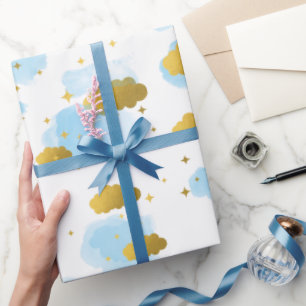 Papier Cadeau Aquarelle bleue Nuages Gold Stars Sky