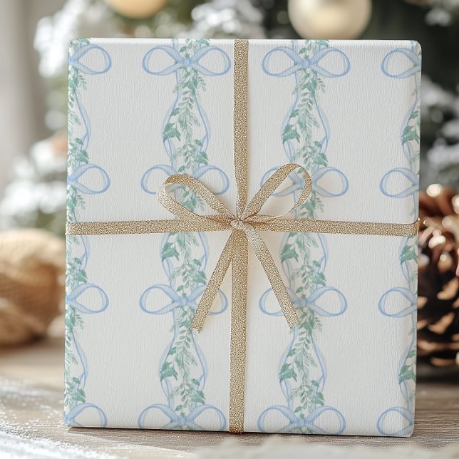 Papier Cadeau Aquarelle Blue Bow Garland Noël (Créateur téléchargé)