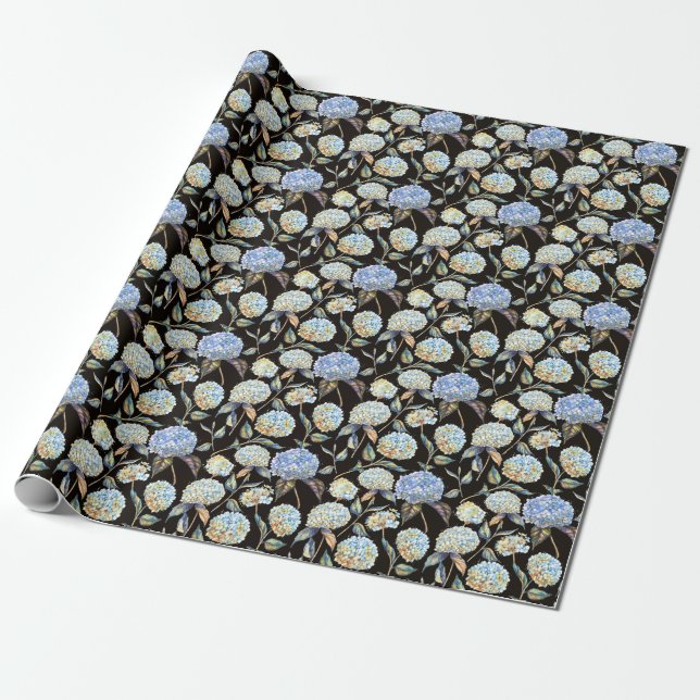 Papier Cadeau Aquarelle Blue Hydrangea : Motif foncé sans couleu (Déroulé)